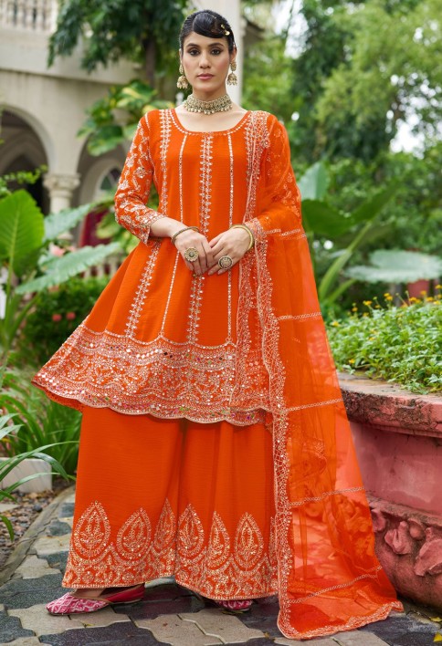 Scintillating Orange Chinon Palazzo Salwar Suit